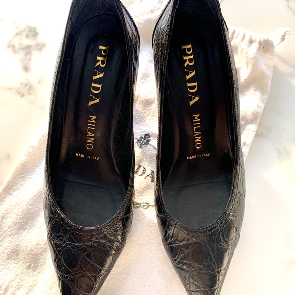 Perfect VTG 80s Prada Heels Black Croc Embossed Cone Heel Pumps 37.5 - Picture 3 of 6